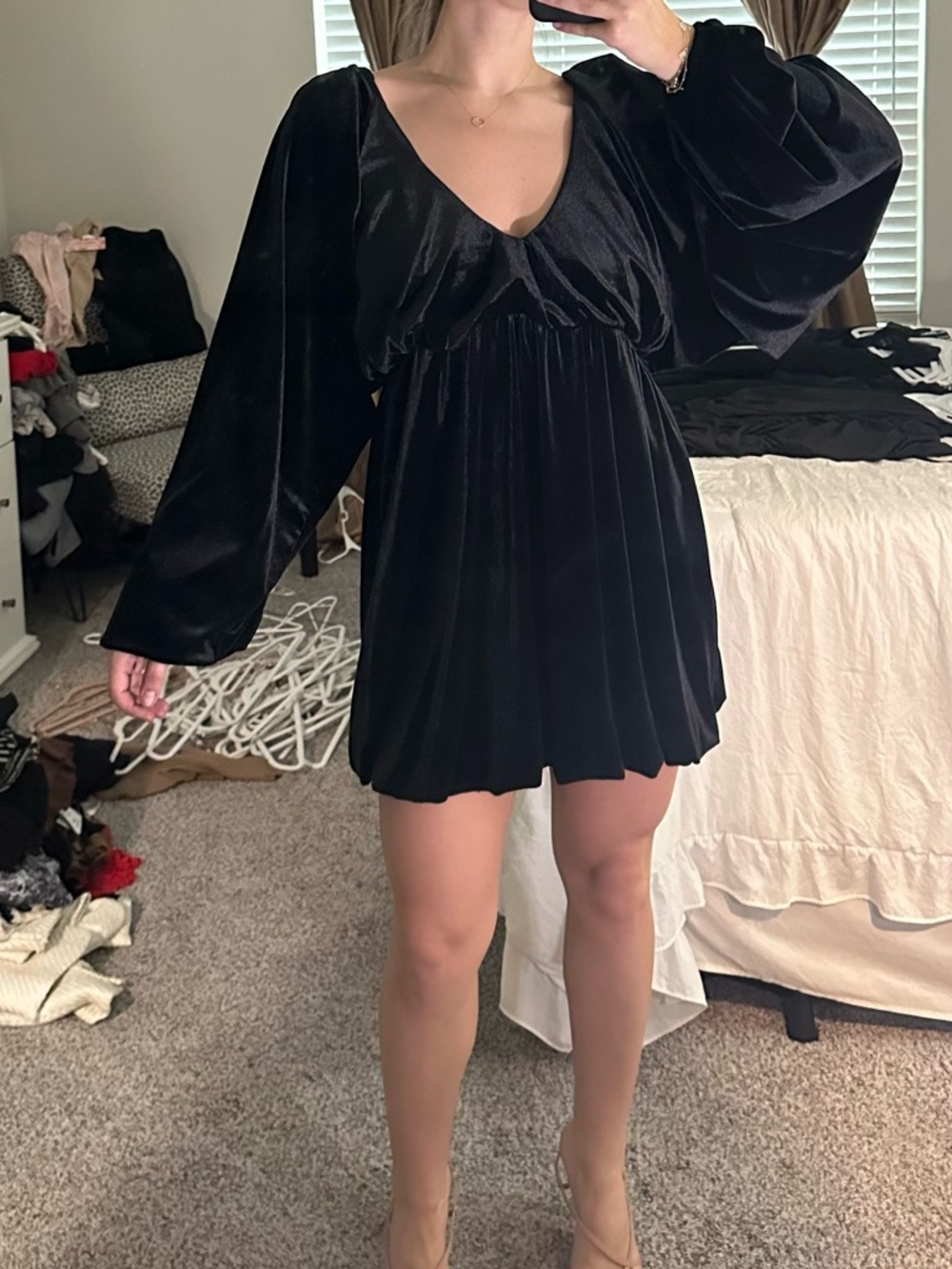 ASOS Black Velvet V-Neck Mini Dress with Balloon Sleeves